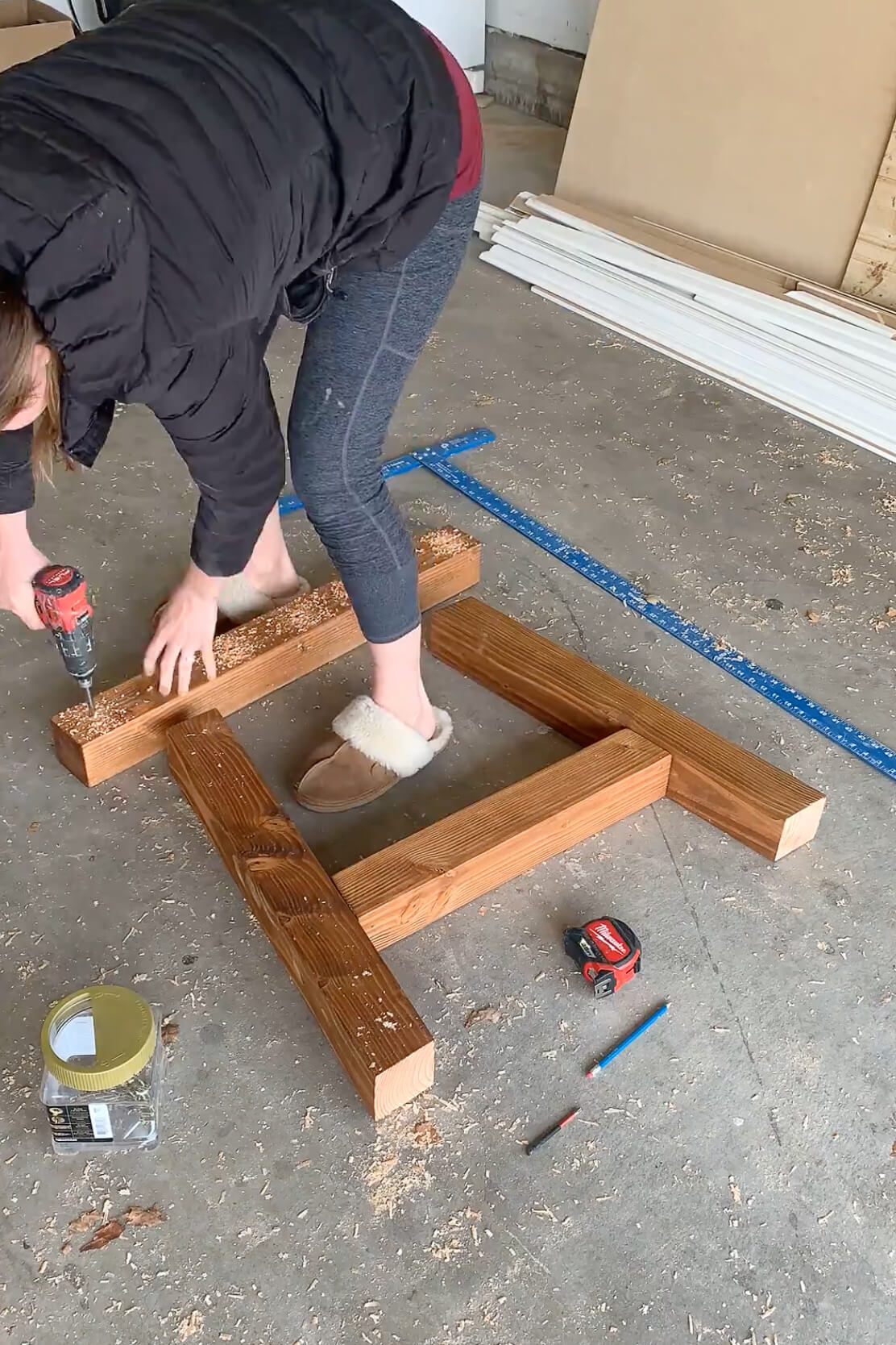 Assembling table legs for a DIY table.